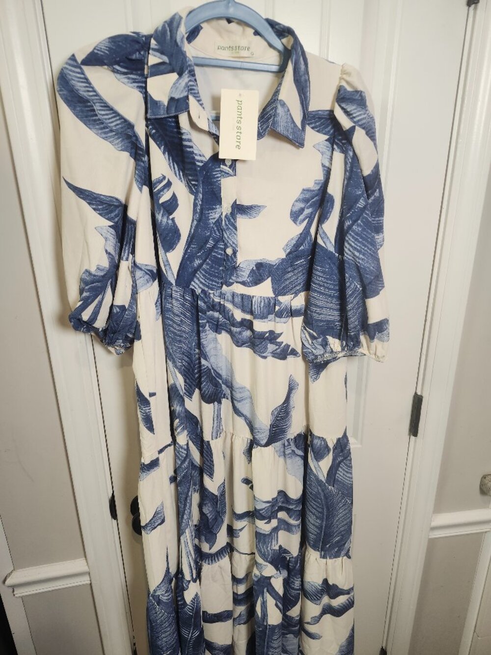 Pants Store Women's Large Blue White Tropical Leaf Tiered Midi Dress NWT L